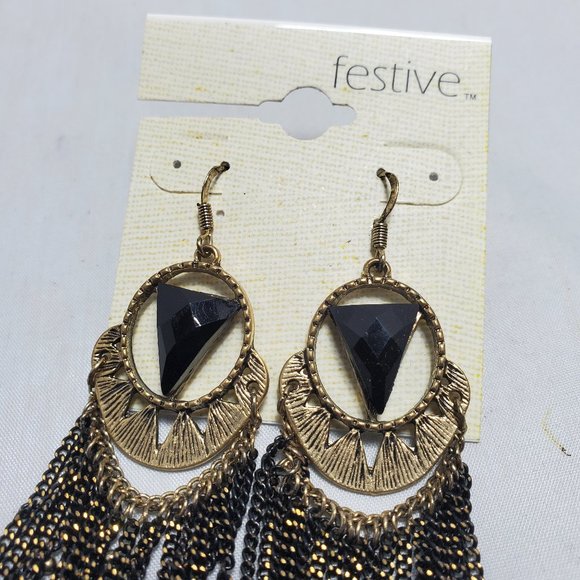 Festive Bohemian fashion black gold tassel fish hook earring - Picture 4 of 6